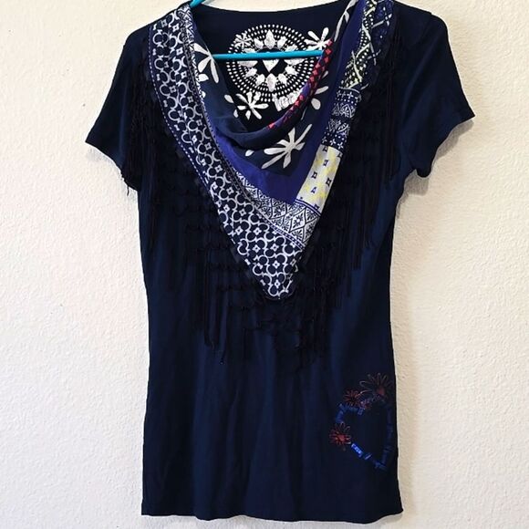 Desigual Navy Blue Fringe Tee M - Picture 1 of 7